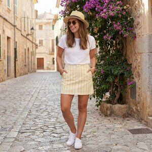 LOFT Yellow Striped Mini Skirt Size 8 Pockets Stretch Cotton Y2K Summer Coastal